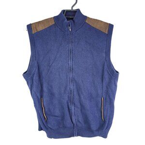 Mens Chaps Blue Knitted Vest Jacket Brown Suede Accents Full Zip Sleeveless XXL